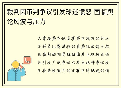 裁判因审判争议引发球迷愤怒 面临舆论风波与压力
