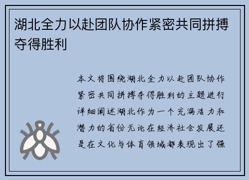 湖北全力以赴团队协作紧密共同拼搏夺得胜利